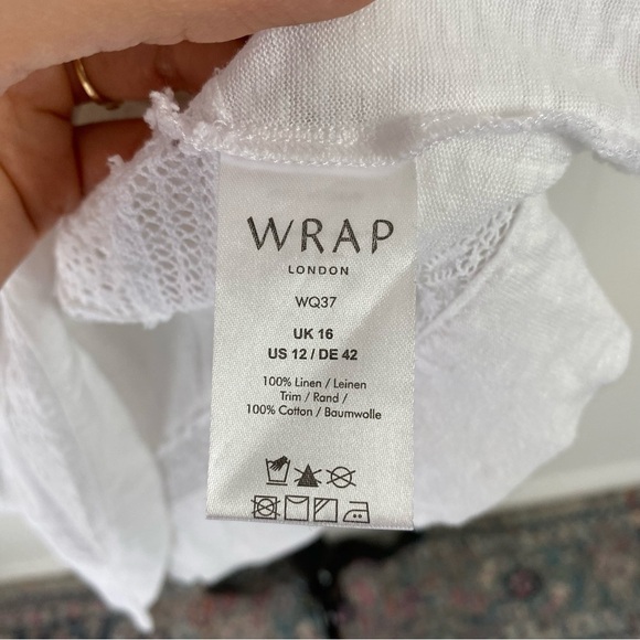 WRAP LONDON Women's 100% LINEN Casual Top White US Sz 12 Tie Neck Bohemian - Picture 11 of 13